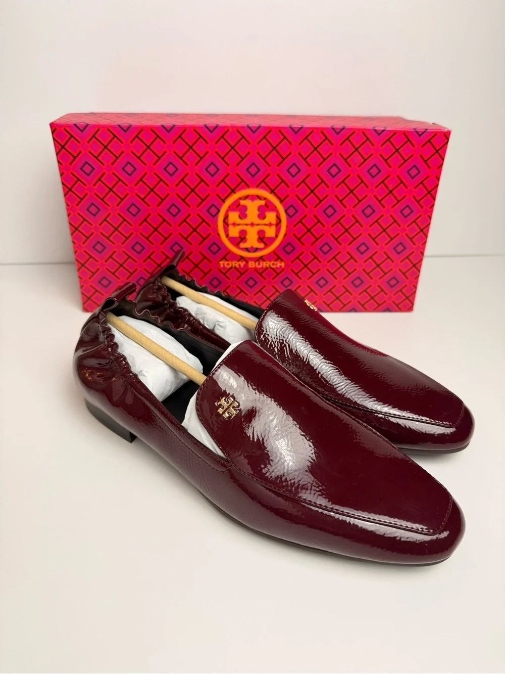 Tory Burch Kira 20mm Elastic Loafer Softy Naplak Patent Royal Burgundy Size 8.5